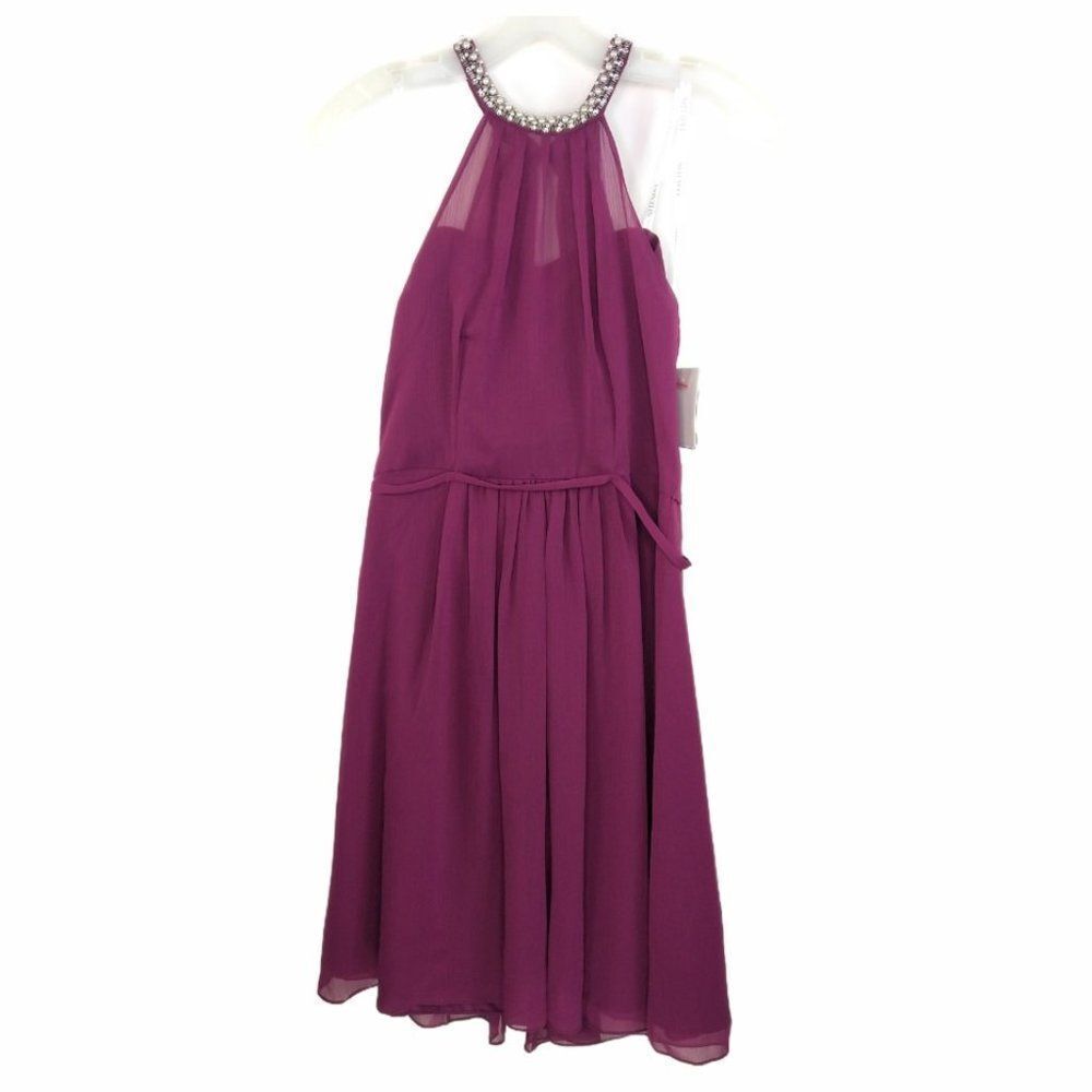 David’s Bridal Short Maroon Chiffon Dress Beaded Sangria Size 4